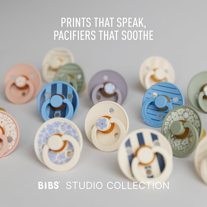 BIBS Pacifiers - Studio 2 Pack | Round Nipple Baby Pacifier | BPA Free Natural Rubber Latex Soother | Made in Denmark | Size 0+ Months | Pin Sky Blue