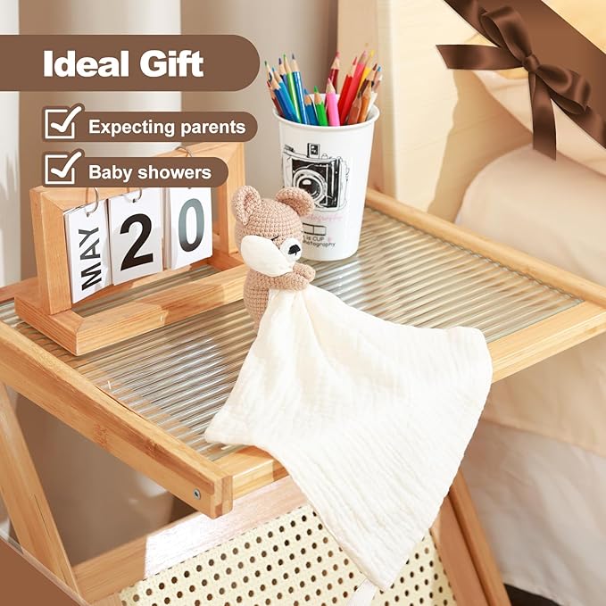 Baby Animal Plush Toy with Rattle, Baby Crochet Teddy Bear Security Blanket, Soothing Toy, Gift for Boys and Girls 12 in