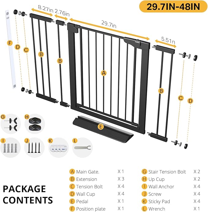 Cumbor 29.7-48" Baby Gate for Stairs, Mom's Choice Awards Winner-Dog Gate for Doorways, Auto Close Safety Pet Gate for Dogs Indoor, Easy Install Pressure Mounted Child Gate with Walk Thru Door, Black