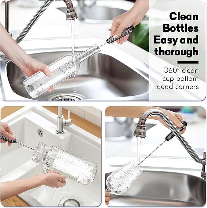 Bottle Cleaning Brush Set, 4Pcs Long Handle Bottle and Straw Cleaner Brushes for Washing Water Bottles Drinks Bottles Baby Bottles Glass Teapots