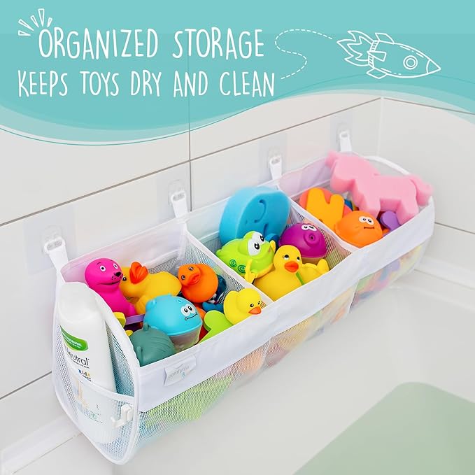 Comfylife Large Bath Toy Organizer – 3 Compartment Bath Toy Holder for Bathtub & Shower – Quick-Dry Mesh with 4 Strong Adhesive Hooks – Kids Toys Storage Net for Bathroom, shower & Tub