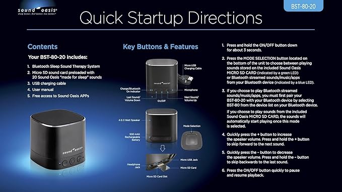 Sound Oasis Pink Noise Bluetooth Sound Machine for Sleeping, 20 Non-Looping Soothing Sounds with Speaker & Memory Function, Portable Sleep Sound Therapy for Home, Office or Travel