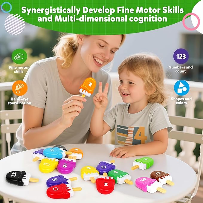 Ice Cream Toy Set - Number & Shape Sorting Stacking Bucket for Toddlers - Educational Counting Color Recognition - Montessori Math Learning Toys for Kids Ages 3+Year Old