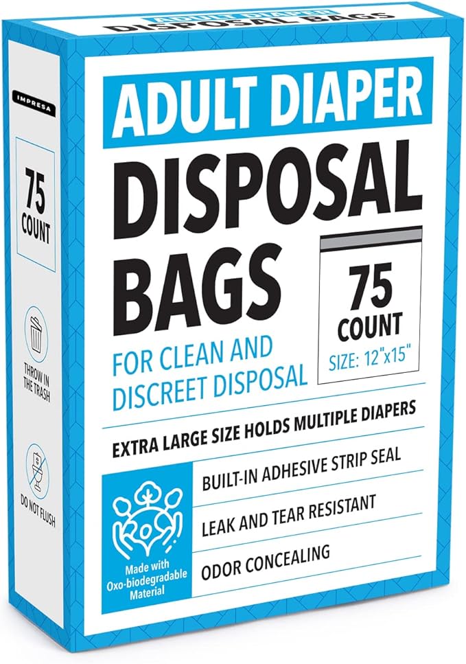IMPRESA Disposable Adult Diaper Bags - 75-Pack, 12 x 15 in, Unscented - Odor-Proof, Leak-Proof & Tear-Resistant - Extra-Thick Bags for Adult Diapers & Incontinence Pads