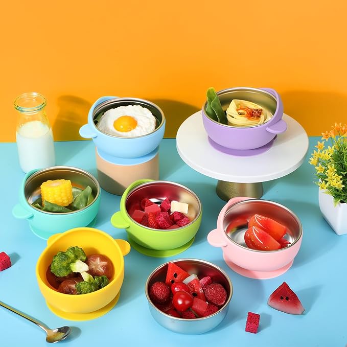 Nuogo 6 Pcs Stainless Steel Baby Bowls with Removable Silicone Shell 304 Toddler Bowls Kids Anti Scald Snack Container for Food Feeding, Dishwasher Safe(Cute Color,Suction-d)