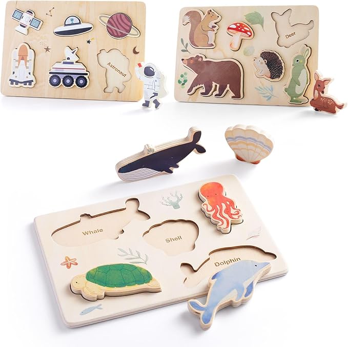 3 Packs Space Ocean Forest Wooden Chunky Puzzles for Toddlers, Wood Puzzle for Kids, Insert Puzzles Each Piece Fits Perfectly, Sturdy and Pegless, Educational Toys