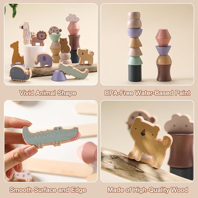 Wooden Animals Threading Toys Lacing Beads for Toddlers 3 4 5 Years Old, Stacking Blocks Balance Toy, Educational Preschool Learning Toy, Montessori Activities for Boys & Girls