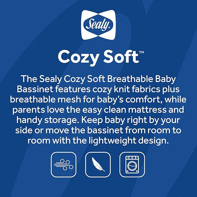 SEALY BABY Cozy Soft Breathable Bassinet & Bedside Sleeper Bed, Lightweight Airy Mesh Newborn Crib, Safe & Comfortable for Room Sharing, Storage Pocket, Tool-Free Assembly