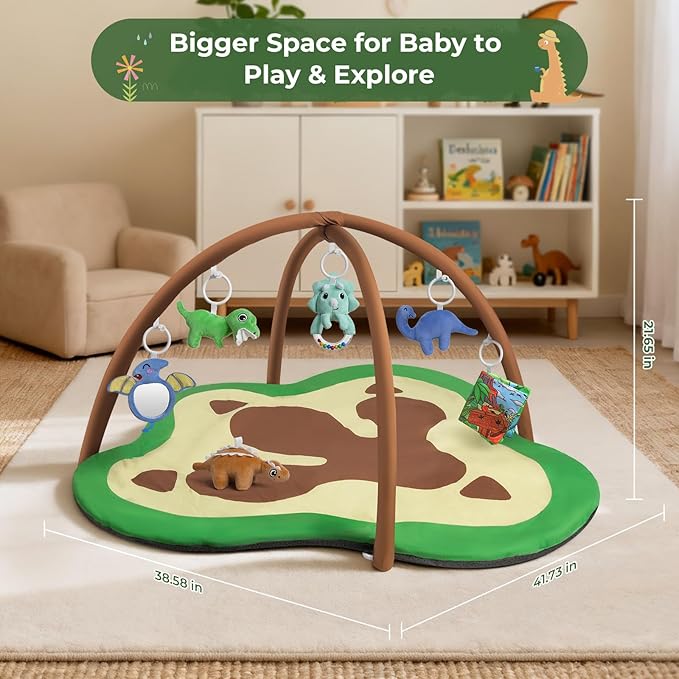Baby Gym Play Mat, Oversize Dinosaur Claws Shaped Tummy Time Mat with 6 Detachable Baby Activity Toys, Baby Play Mat Promote Motor Skills & Sensory Development, Newborn Infant Essentials Gift