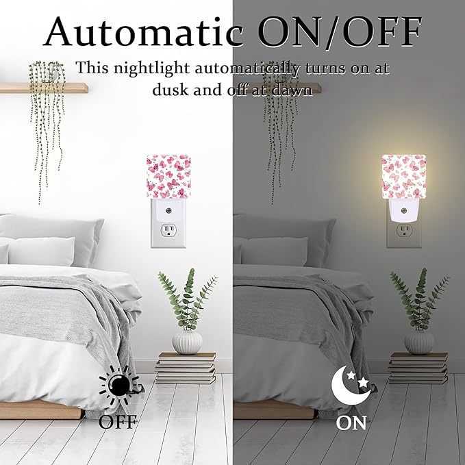Cute Girl Butterfly Night Light, Watercolor Pink Butterflies Floral Dusk to Dawn Night Light Plug in,0.5w Energy Saving Sleep Friendly NightLight for Kids Boys Girls Home Decor