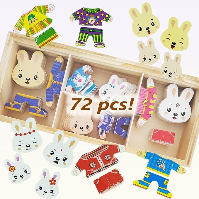Wooden Bunny Family Dress-up Puzzle Box for Toddlers(72pcs),Change Clothes Puzzle Games, Preschool Learning Activities Toys for Kids Ages 3+