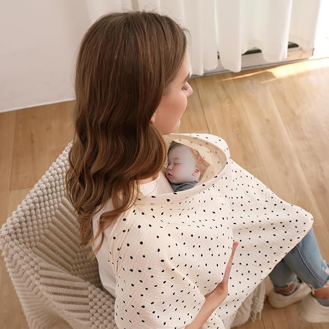 Nursing Cover for Baby Breastfeeding with Rigid Hoop, Breathable Soft 100% Muslin Cotton, Baby Breast Feeding & Pumping Apron (Beige Polka dots)