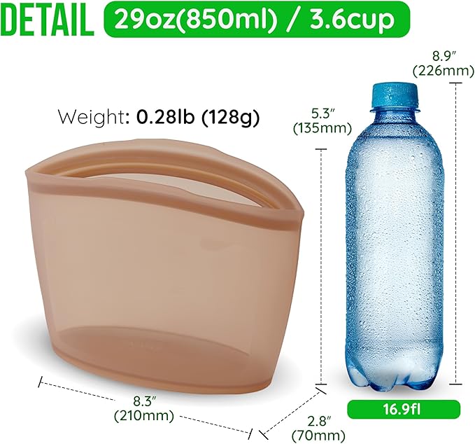 Premium Platinum Silicone Reusable Food Storage Bag 3.6 Cup (29 fl oz), Airtight Zip Lock Bags for Food, BPA-Free Silicone Freezer Bags, Microwave Safe Sous Vide Container, Taupe Brown
