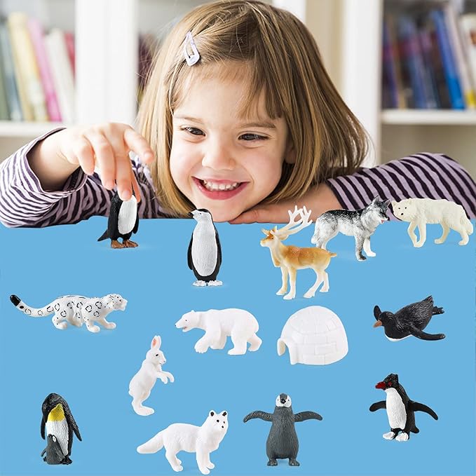 RCOMG Arctic Animals Figures, 14pcs Mini Polar Animal Figurines, Plastic Arctic Animal Toys Set with Arctic Fox Wolf Reindeer Penguins Toys
