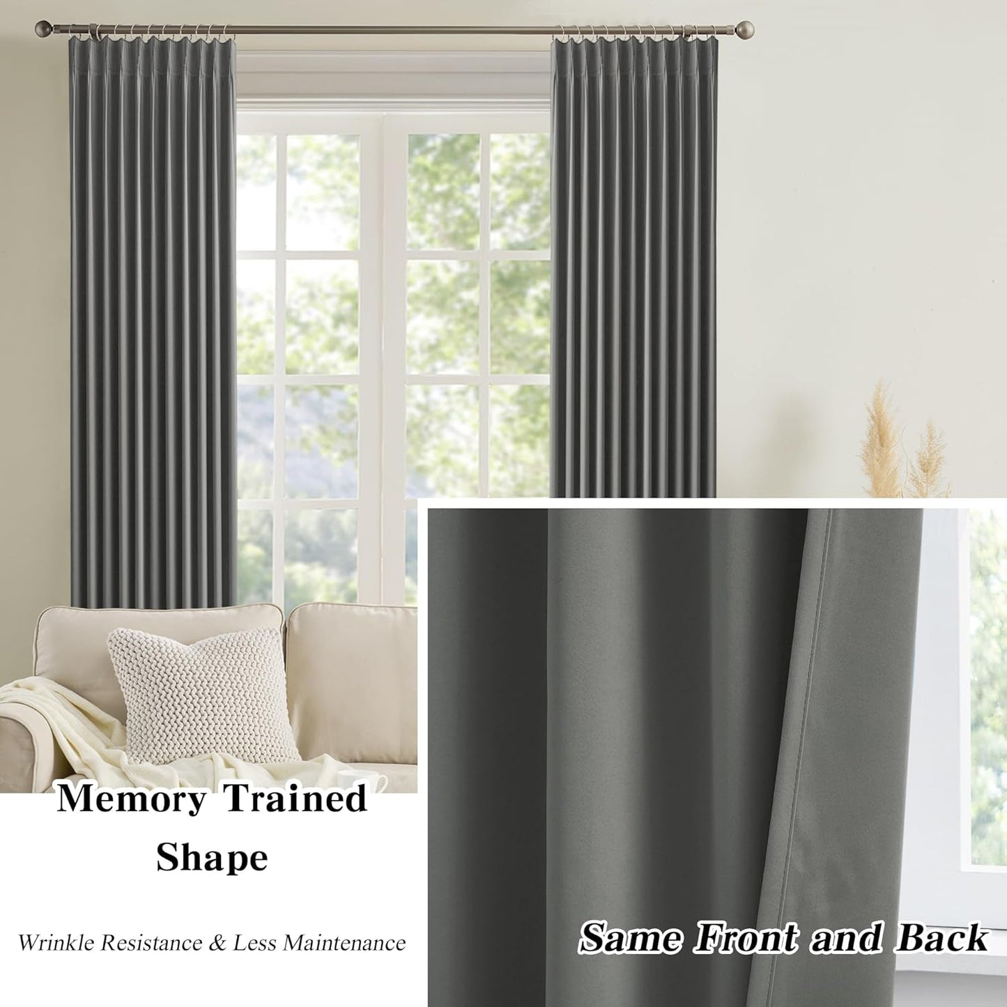 KEQIAOSUOCAI Pinch Pleated Wide Drapes 108 Inches Long,80 Inch Wide Each Panel Sliding Door Curtains with Hooks, Thermal Insulated Room Divider Large Draperies 2 Panels Grey W80 x L108