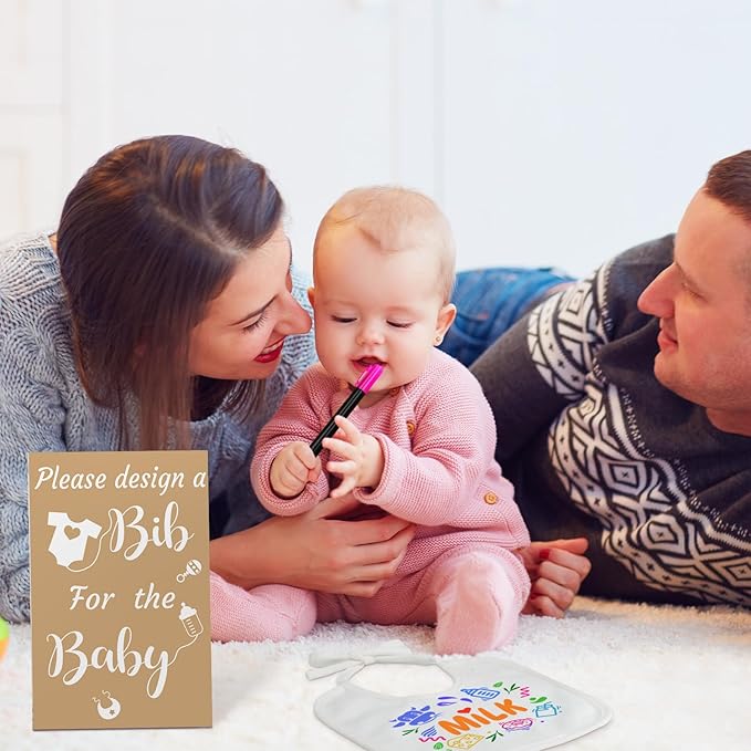 Newwiee 55 Pcs White Bibs for Baby Decorating Design a Bib Decorate Plain newborns Bibs Wooden Sign for Baby Shower Games Kit