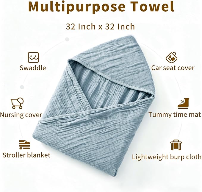 Organic Muslin Hooded Baby Bath Towels - 2 Pack 100% Organic Cotton Towel for Babies, Infants, Toddlers - 32x32Inch - Highly Absorbent and Newborn Essential (Brown Blue)