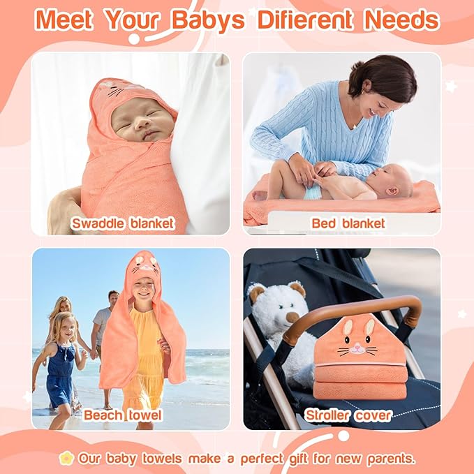 4 PCS Hooded Baby Towels, Soft Baby Towel, Absorbent Baby Bath Towel, Baby Towels and Baby Washcloths for Newborns, Toddlers, and Kids, 32x32 in Baby Towel with Hood for Boy and Girl (Orange Kitten)