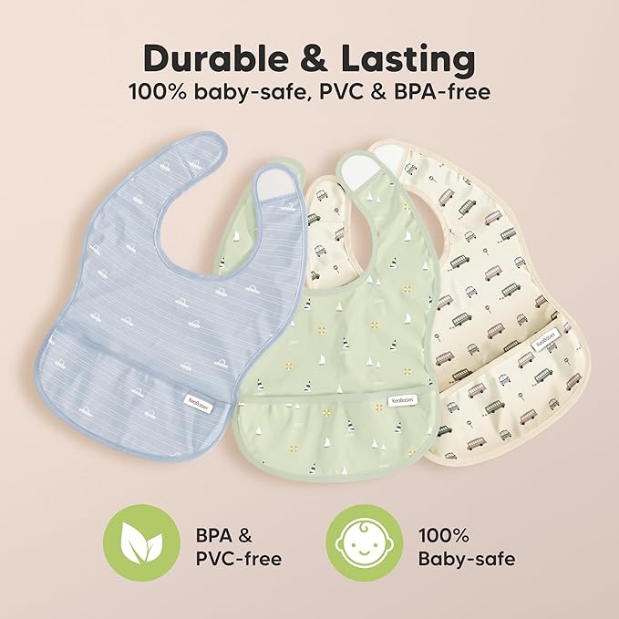 KeaBabies 3-Pack Waterproof Baby Bibs for Eating - Lightweight Toddler Feeding Bibs with Large Food Catcher, Mess Proof, Food-Grade Baby Eating Essentials, Easy to Put On & Clean (Pets & Paws)