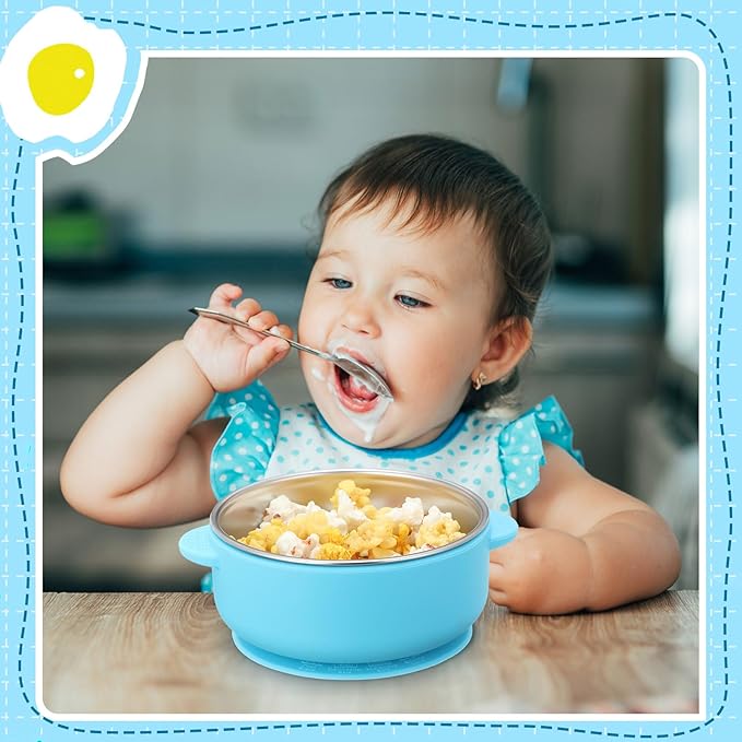 Nuogo 6 Pcs Stainless Steel Baby Bowls with Removable Silicone Shell 304 Toddler Bowls Kids Anti Scald Snack Container for Food Feeding, Dishwasher Safe(Blue Series Color,Suction-a)
