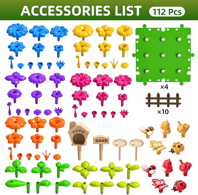 112 Pcs Flower Garden Toy,Toddler Girl Toys 3-4 Years Old Girls Gardening Building Gifts Set Best Educational Learning Fine DIY Crafts Stem Construction Stacking Kit,for 3 4 5 6 7 Year Kids Birthday