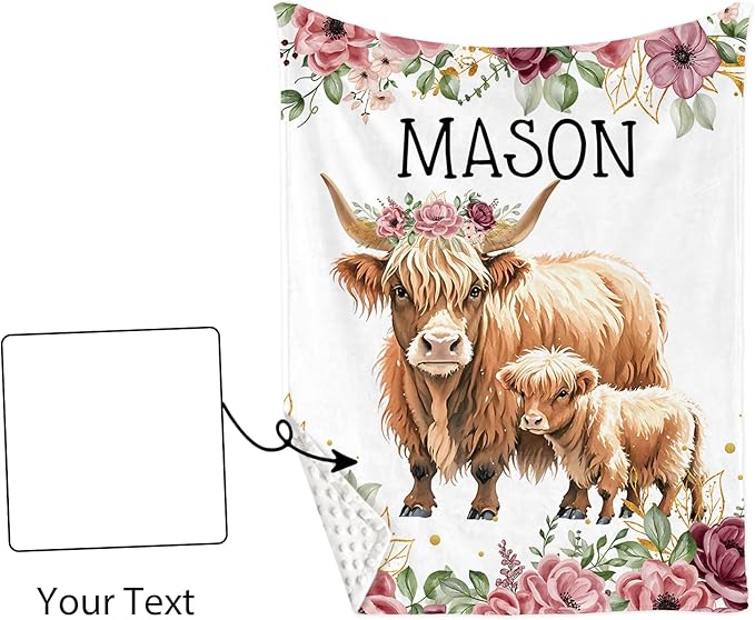 Custom Nursery Crib Bedding Set: Personalized Name 4 Piece Flower Highland Cow Design Baby Crib Sets for Baby Girls - Toddler Double Layer Blanket Set, Comfortable Crib Bed Sheets for Baby Toddlers