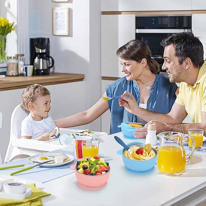 2 Pack Stainless Steel Baby Bowls with Removable Non-Slip Silicone Suction Shell, Anti Scald Food Container for Baby Food Feeding, Forks + Spoons Included-Blue & Pink