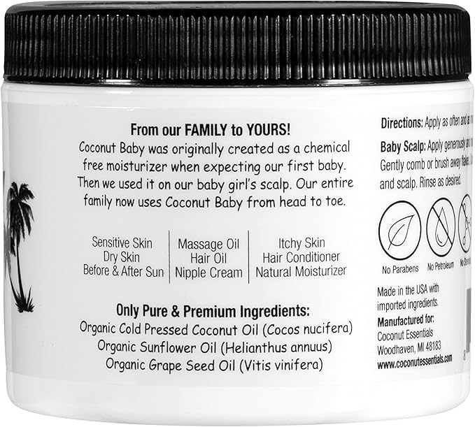 Coconut Baby Oil for Hair & Skin Care, Natural & Organic, Coconut Oil for Cradle Cap, Eczema, Infant Scalp Relief, Hair Oil for Curly Hair - Newborn Moisturizer for Sensitive Skin, Unscented - 2 fl oz