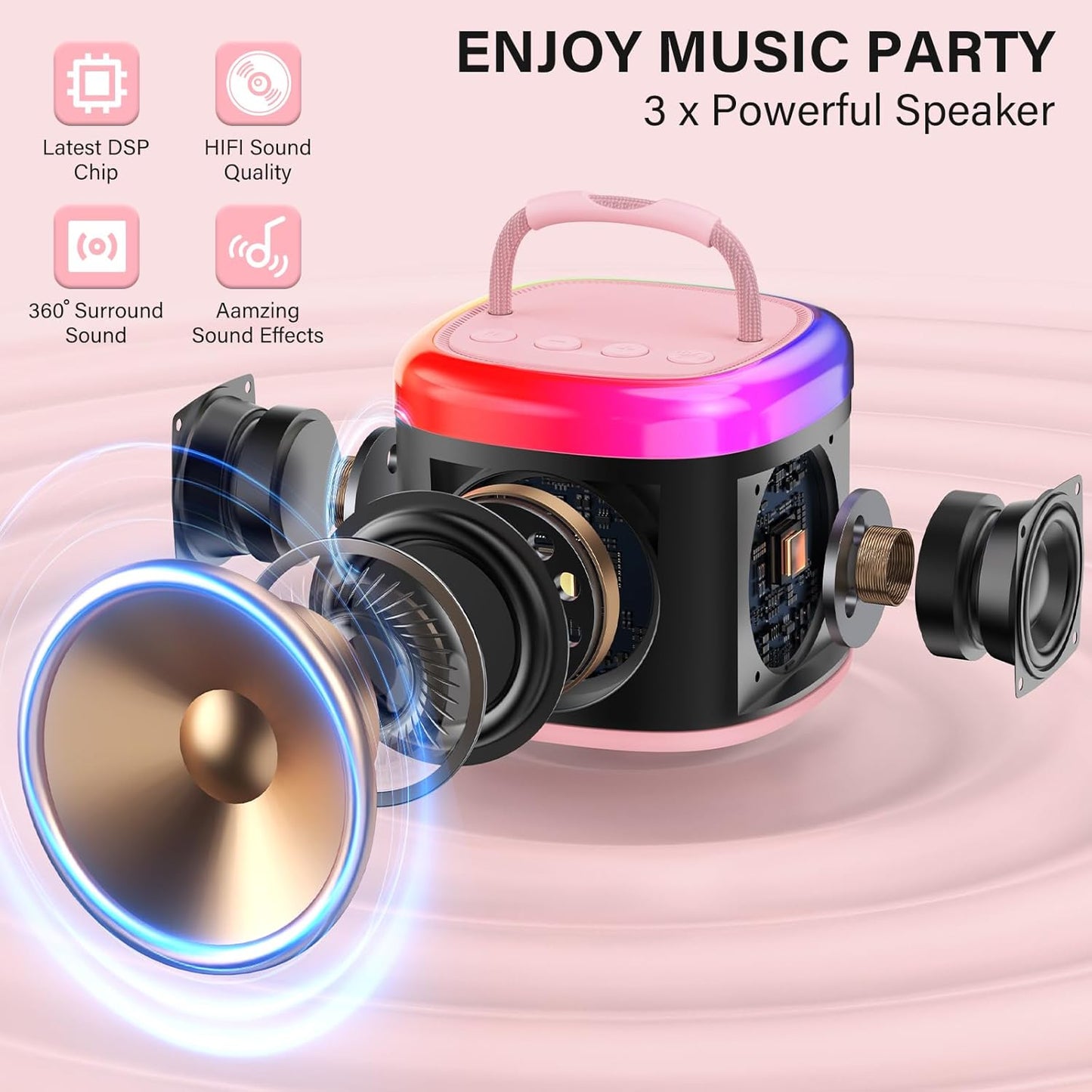 JYX Mini Karaoke Machine for Kids, Portable Bluetooth Karaoke Speaker Unpowered Cabinets with 1 Wireless Microphones and Party Lights and Adults, Birthday Gifts for Girls Boys Family Home Party(Pink)