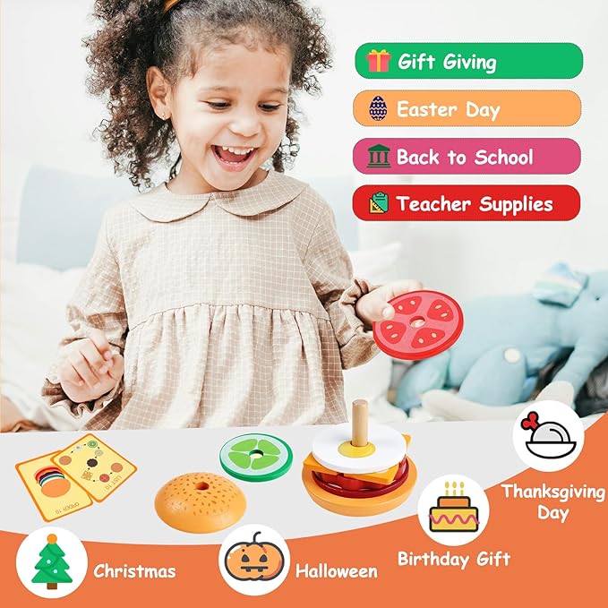 Montessori Toys for 2, 3 Year Old, Wooden Burger Sandwich Stacking Toys for Toddler Educational Toys Fine Motor Skills Foods Preschool Learning Blocks Gifts Boys Girls