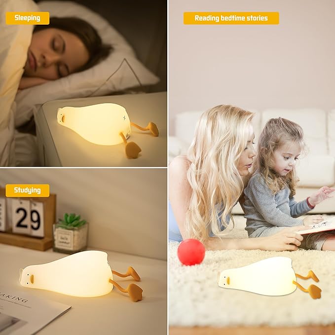 LED Lying Flat Duck Night Light, 3 Level Dimmable Nursery Nightlight, Cute Lamps Silicone Squishy Light Up Duck, Rechargeable Bedside Touch Lamp for Nursery College Dorm Decor Trendy Stuff