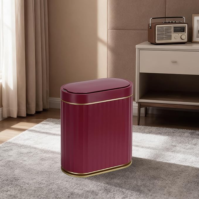 ELPHECO Bathroom Motion Sensor Trash can 2 Gallon Automatic Garbage Can, Slim Plastic Smart Trash Can with Lid, Commercial Intelligent Trash Bin for Bedroom, Bathroom, Office, Burgundy
