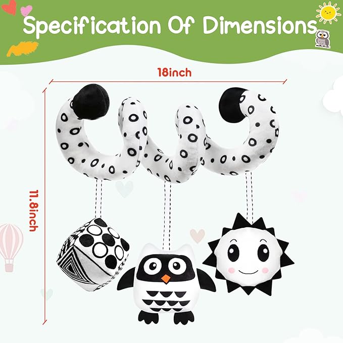 Baby Spiral Hanging Stroller and Car Seat Toys Black and White High Contrast Sensory Toy Newborn Plush Activity Toys Party Favors Quality Gifts for Baby Shower -OWL