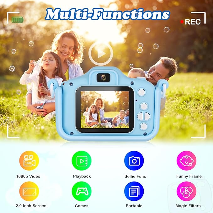 Kids Camera,HD Digital Video Camera with Protective Cover,Childrens Toys for 3 4 5 6 7 8 9 Year Old Boys/Girls,Selfie Camera for Kids,Christmas Birthday Gifts with 32GB SD Card (Unicorn Blue)