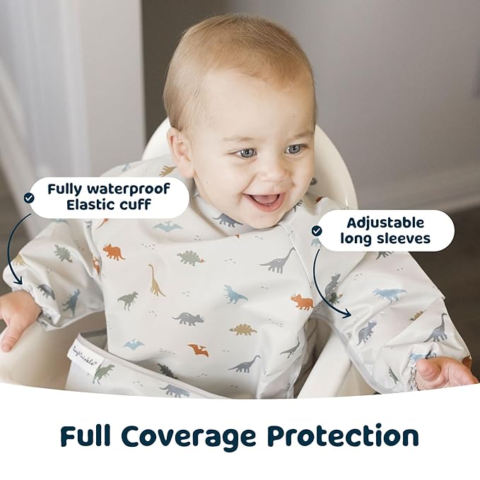 Tiny Twinkle Long Sleeve Bib for Babies & Toddlers – Waterproof Smock Bib for Eating – Machine Washable & Mess-Proof, Baby Feeding Essential & Shower Must-Have(Dinosaur, 6–24M)