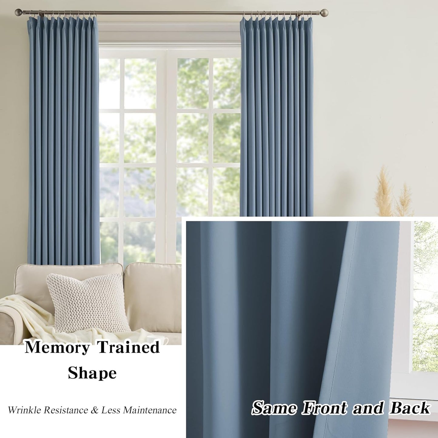 KEQIAOSUOCAI Extra Wide Dusty Blue Pinch Pleated Curtains 100 x 90, Thermal Insulated Noise Cancelling Living Room Drapes 90 inches Long, Patio Sliding Glass Door Window Curtain 2 Panels