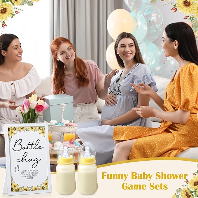 Roowest Bottle Chug Baby Shower Game Favors Including Sunflower Theme Wooden Sign and 18 Pcs Baby Bottles for Gender Reveal Party Supplies