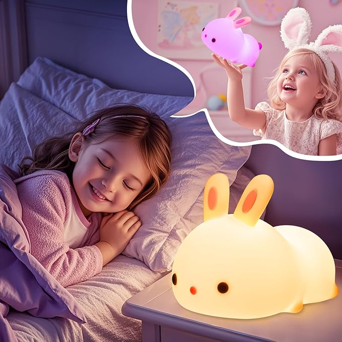 One Fire Bunny Night Light for Kids,16 Colors+ Silicone Soft Toddler Night Light, Dimmable+Rechargeable Nightlight for Kids Room, Easy Tap Control Bunny Lamp, Rabbit Lamp, Cute Stuff, Gifts for Girls