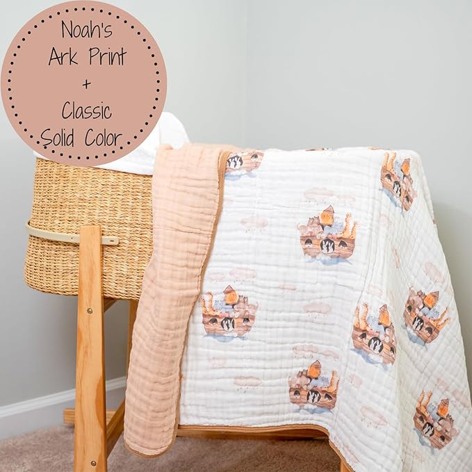 LollyBanks Muslin Baby Blanket 100% Organic Cotton, Muslin Quilt Lightweight, 6 Layers Baby Blankets 47"x 47", Toddler Blanket for Boy and Girl, Nursery Receiving Blankets (Noah's Ark Pattern)