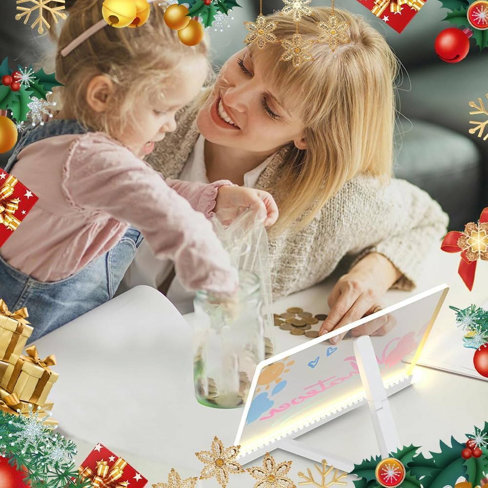 LED Note Board with Colors, LED Drawing Board for Kids, Lighted Acrylic Dry Erase Message Board, Illuminated Notepad with Adjustable Stand and 7 Pens (5.9‘ × 5.9’)