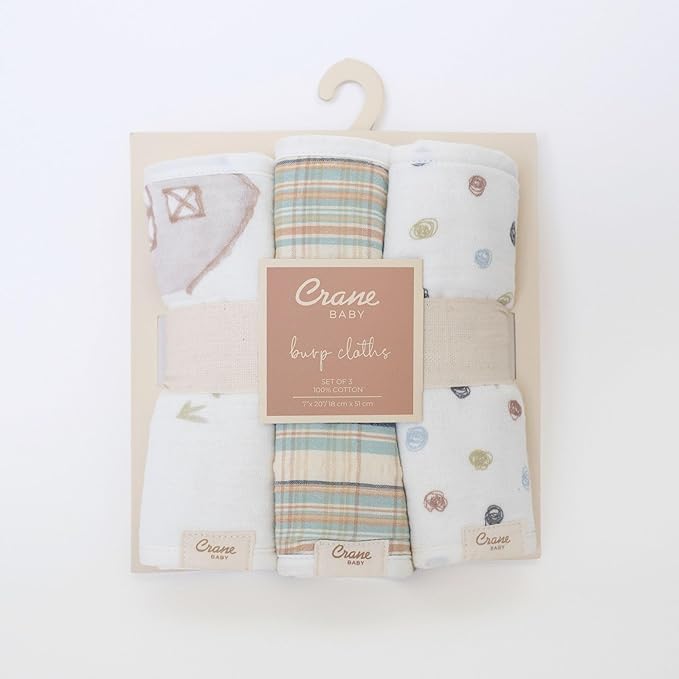 Crane Baby Burp Cloths Set, 3-pc. Charlie Farmhouse Tractor Collection, Soft 100% Cotton Muslin Burp Cloths for Baby Boys and Girls, Farm Nursery Décor