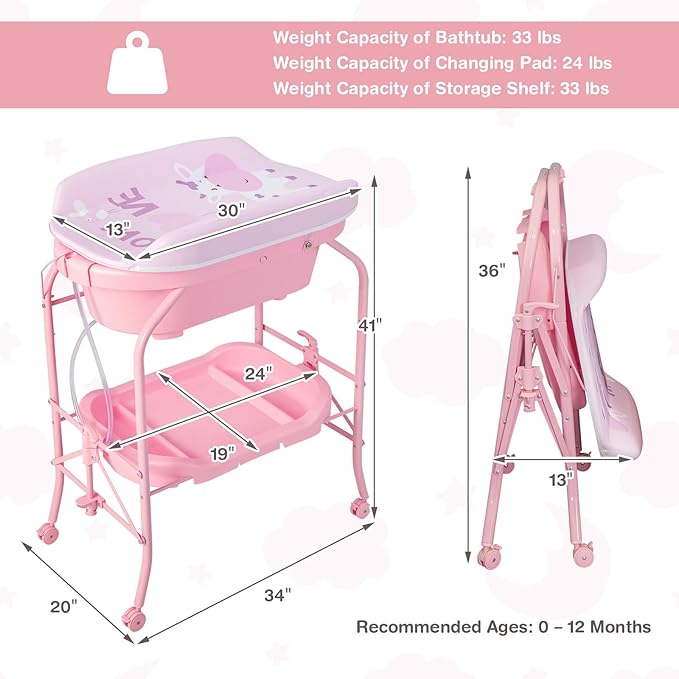 HONEY JOY Baby Changing Table with Bathtub, Foldable Infant Diaper Changing Station with Wheels, Storage Tray, Waterproof Pad, Portable Newborn Nursery Organizer Bath Stand for Boys Girls (Pink)