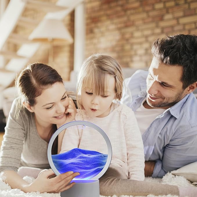 Moving Sand Art Liquid Motion, 3D Deep Sea Sandscape Color Quicksand Decor, Round Glass Moving Sand Art Picture Relaxing Desktop Home Office Work Decor (Blue, 6 inch)