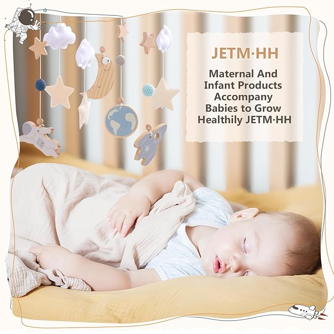 JETMHH Baby Crib Mobile | Space Theme Nursery Mobile | Wooden Mobile for Crib | Astronaut Space Theme Nursery Bed Decoration | Gift for Newborn Nursery Decor