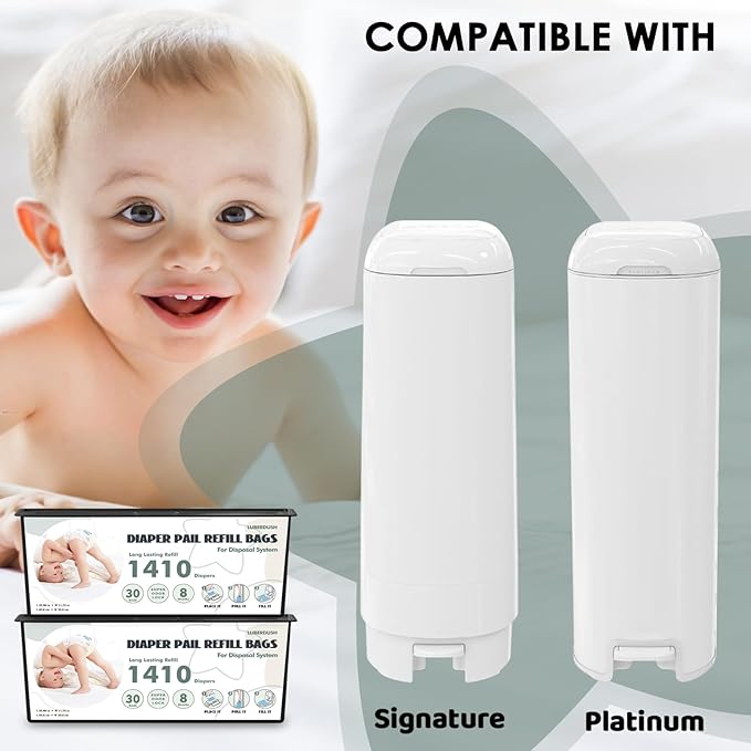 Diaper Pail Refill Bags - Compatible with Genie Easy Roll Signature & Platinum Pails | Each 30 Bags Holds Up to 1410 Newborn Diapers | 7-Layer OdorLock Technology | 2 Pack(60 Bags)
