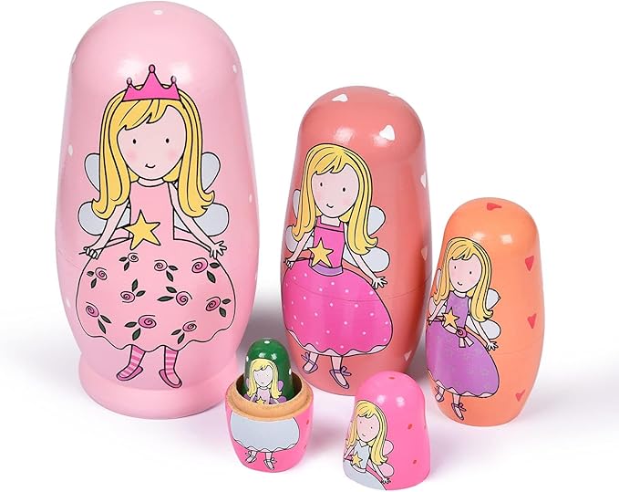 Russian Nesting Dolls, Stacking Wooden Handmade Matryoshka Dolls, 5 Pcs 6 ''Tall Animal Nesting Easter Eggs Toys for Kids Toddlers Birthday or Home Decoration Gift (Princess)