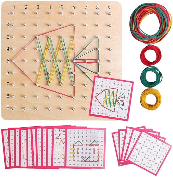 Skrtuan Wooden Geoboard with Pattern Cards & Rubber Bands, Montessori STEM Educational Toy for Kids 3-5 5-8 Years Old, Brain Teaser Puzzle Game for Geometry Learning and Creative Shapes