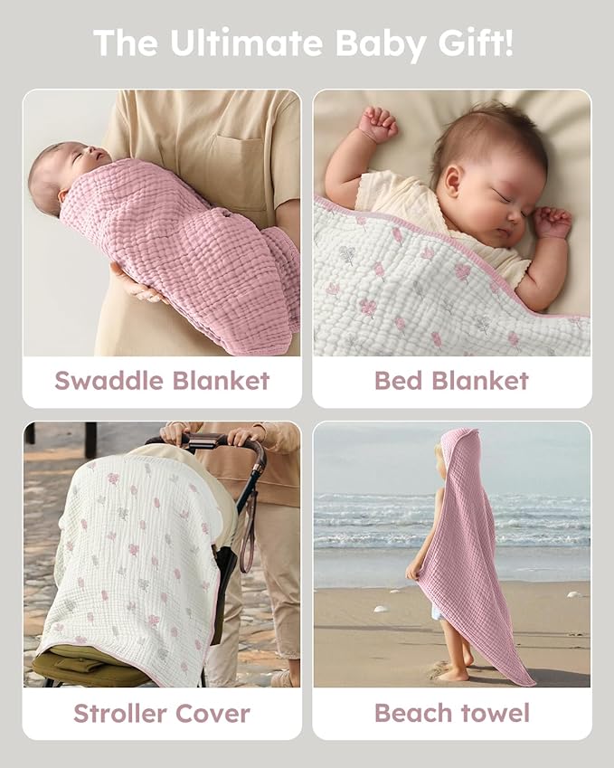 Yoofoss Hooded Baby Towels for Newborn 2 Pack 100% Muslin Organic Cotton Baby Bath Towel with Hood for Babies, Infant, Toddler and Kids,37.5“x37.5“, Soft and Absorbent Newborn Essential,Pink&WhiteLeaf