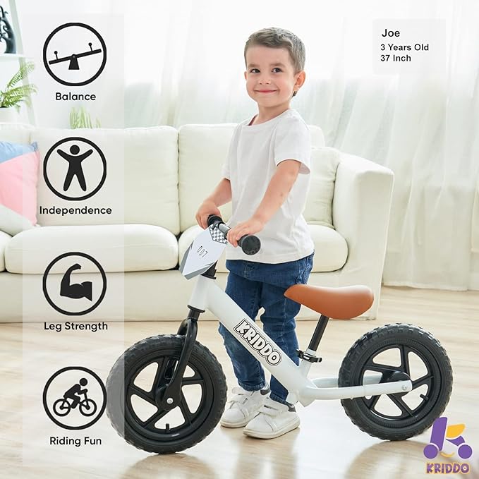 KRIDDO Toddler Balance Bike 2 Year Old, Age 24 Months to 5 Years Old, 12 Inch Push Bicycle with Customize Plate (3 Sets of Stickers Included), Gift Bike for 2-3 Boys Girls, White