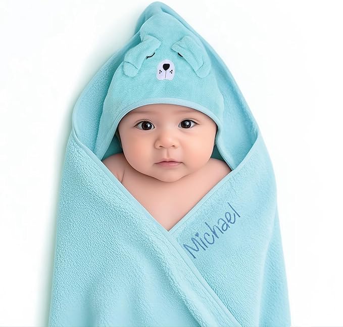 Personalized Baby Towels for Newborn Custom Embroidery Name Hooded Baby Bath Towels for Boy Girl Newborn Essentials Must Haves Shower Gift Soft Coral Velvet 30"x30" (Blue)